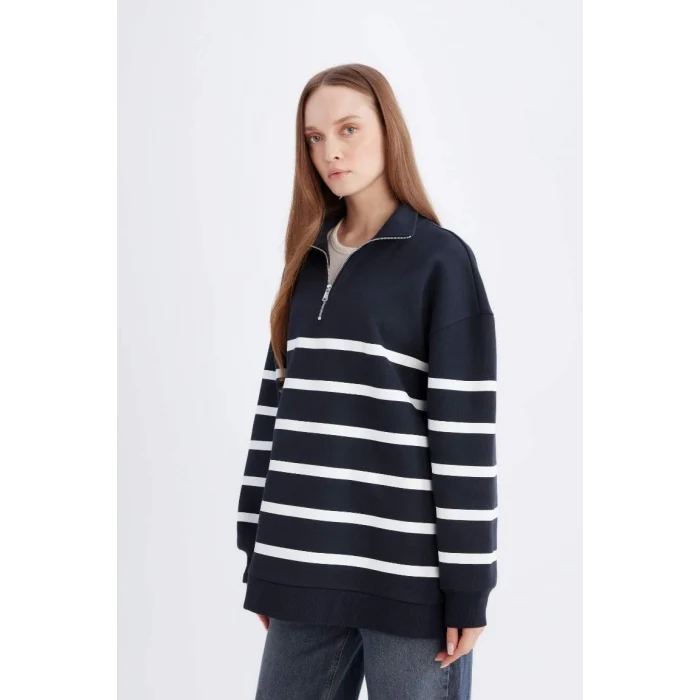 D9136 Relax Fit Polo Yaka Çizgili İçi Yumuşak Tüylü Kalın Sweatshirt Tunik