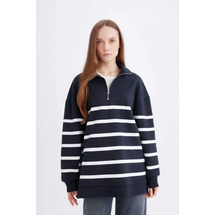 D9136 Relax Fit Polo Yaka Çizgili İçi Yumuşak Tüylü Kalın Sweatshirt Tunik