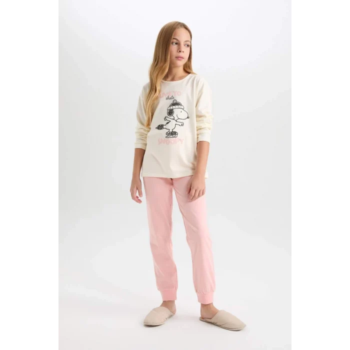 D9176 Snoopy Uzun Kollu Üst Beli Lastikli Uzun Alt Pijama Takımı