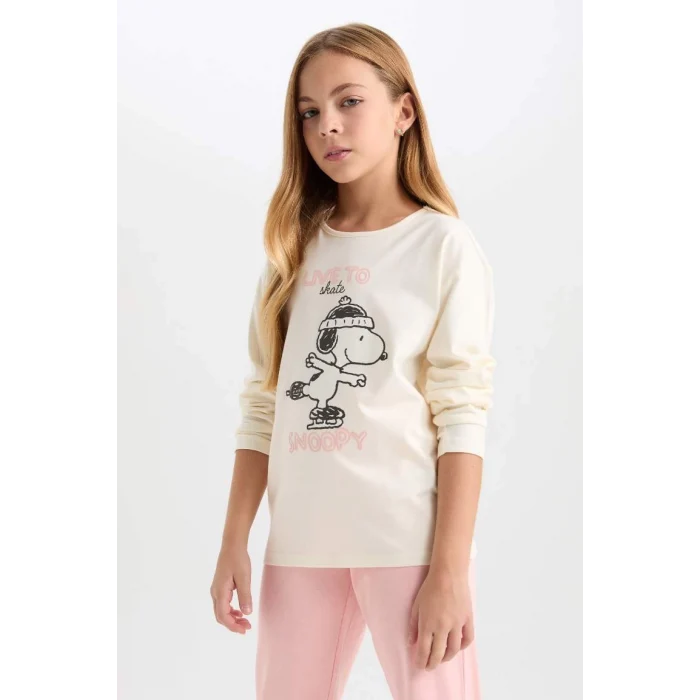D9176 Snoopy Uzun Kollu Üst Beli Lastikli Uzun Alt Pijama Takımı