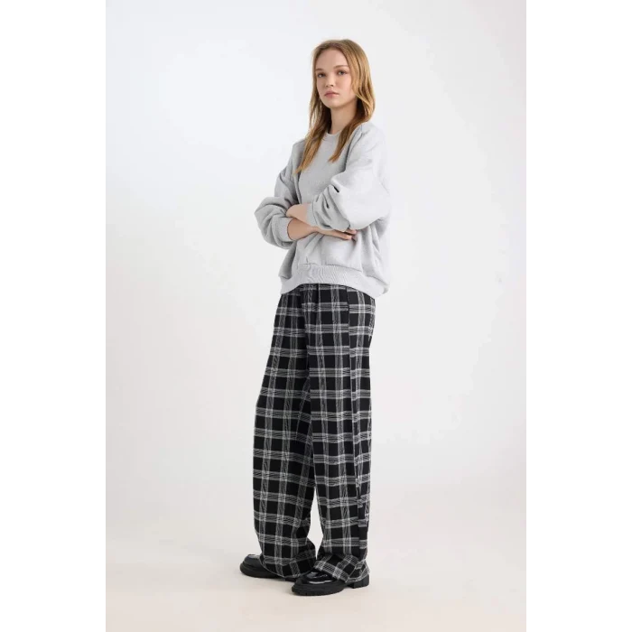 D9548 Pijama Pantolon Wide Leg Geniş Bol Paça Kareli Normal Bel Lastikli Cepli