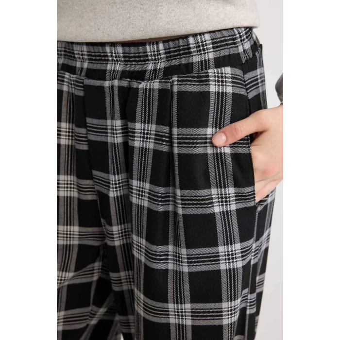 D9548 Pijama Pantolon Wide Leg Geniş Bol Paça Kareli Normal Bel Lastikli Cepli