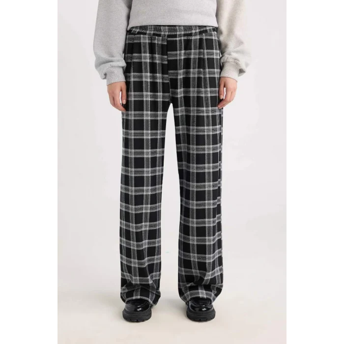 D9548 Pijama Pantolon Wide Leg Geniş Bol Paça Kareli Normal Bel Lastikli Cepli