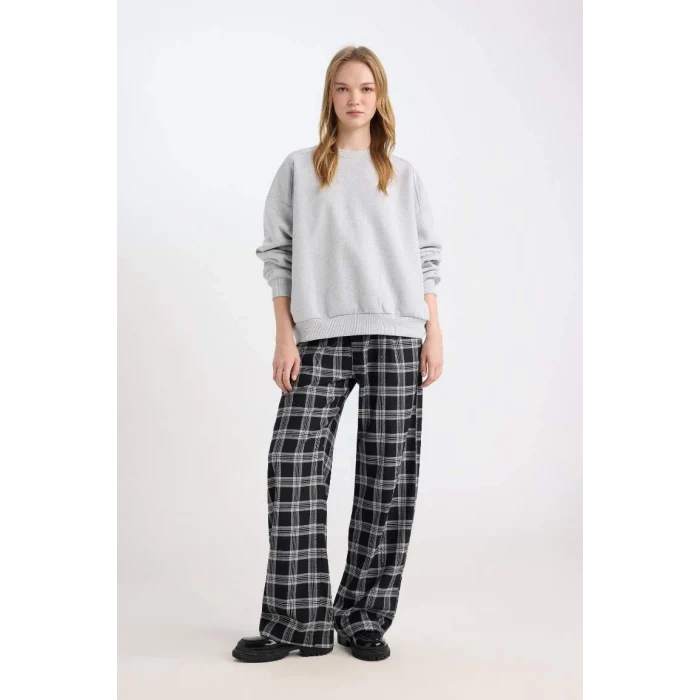 D9548 Pijama Pantolon Wide Leg Geniş Bol Paça Kareli Normal Bel Lastikli Cepli