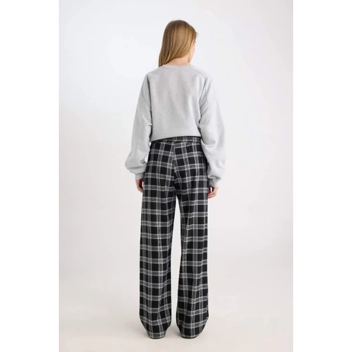 D9548 Pijama Pantolon Wide Leg Geniş Bol Paça Kareli Normal Bel Lastikli Cepli