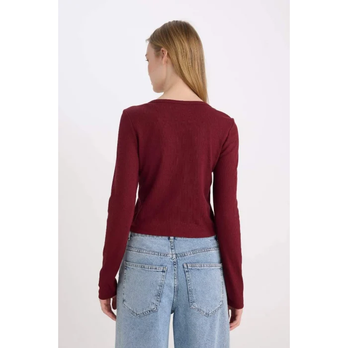 D9619 Fitted V Yaka Basic Düz Fitilli Kaşkorse Hırka