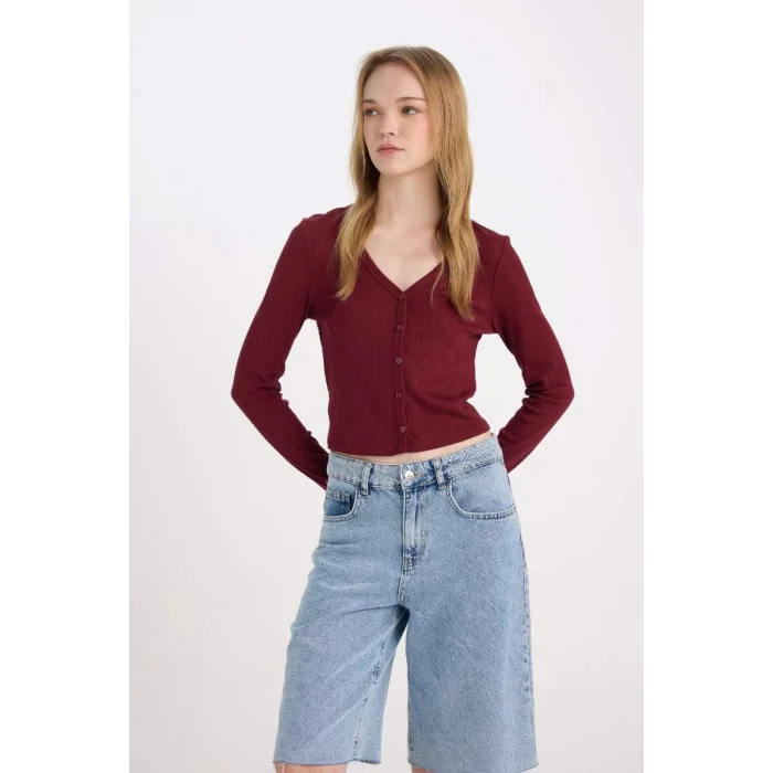 D9619 Fitted V Yaka Basic Düz Fitilli Kaşkorse Hırka