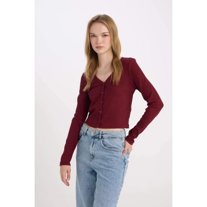 D9619 Fitted V Yaka Basic Düz Fitilli Kaşkorse Hırka