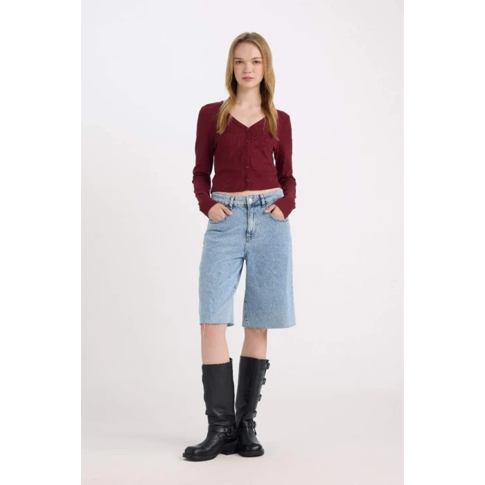 D9619 Fitted V Yaka Basic Düz Fitilli Kaşkorse Hırka