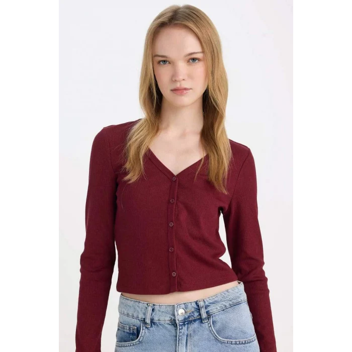 D9619 Fitted V Yaka Basic Düz Fitilli Kaşkorse Hırka