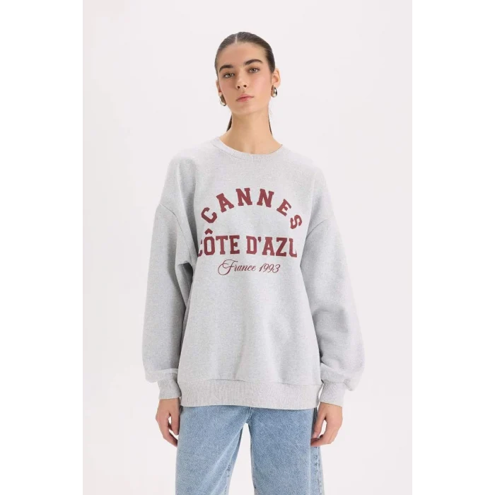 D9803 Oversize Geniş Kalıp Bisiklet Yaka Baskılı Kalın Sweatshirt