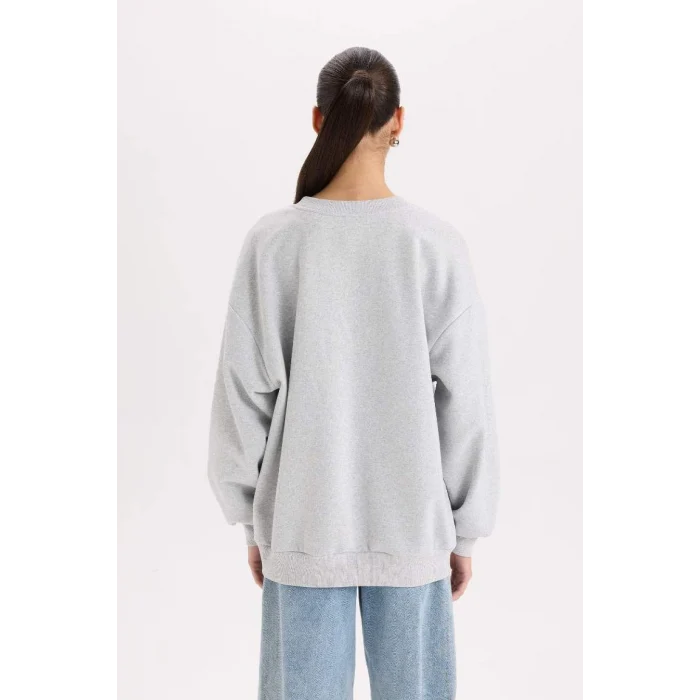 D9803 Oversize Geniş Kalıp Bisiklet Yaka Baskılı Kalın Sweatshirt