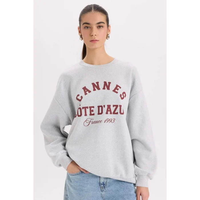 D9803 Oversize Geniş Kalıp Bisiklet Yaka Baskılı Kalın Sweatshirt