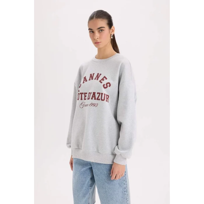 D9803 Oversize Geniş Kalıp Bisiklet Yaka Baskılı Kalın Sweatshirt