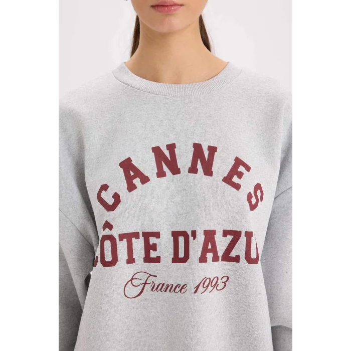 D9803 Oversize Geniş Kalıp Bisiklet Yaka Baskılı Kalın Sweatshirt