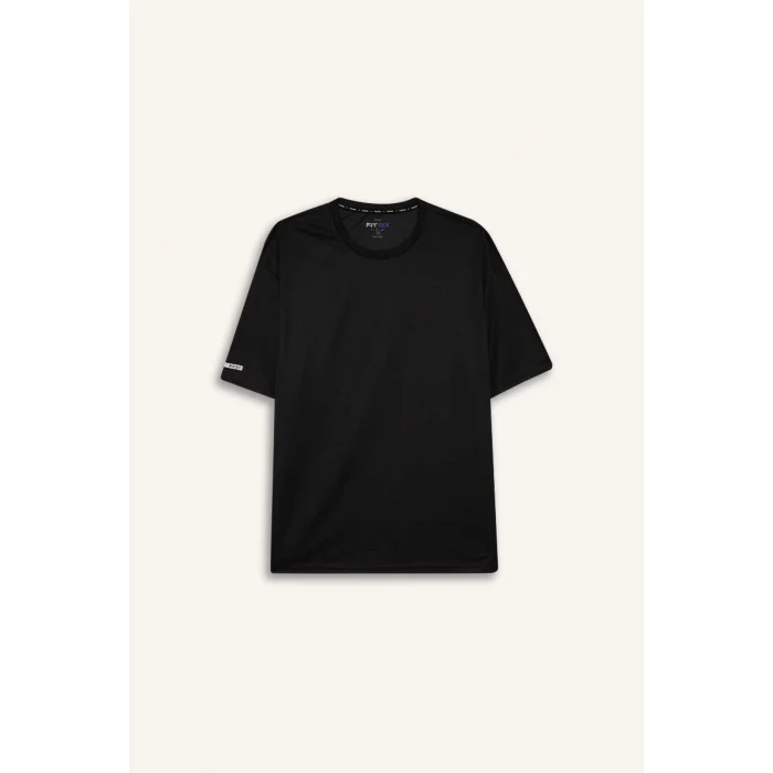 Defacto D6726 Siyah DeFactoFit Boxy Fit Bisiklet Yaka Arma Baskılı Baskılı Sporcu Kısa Kollu Tişört