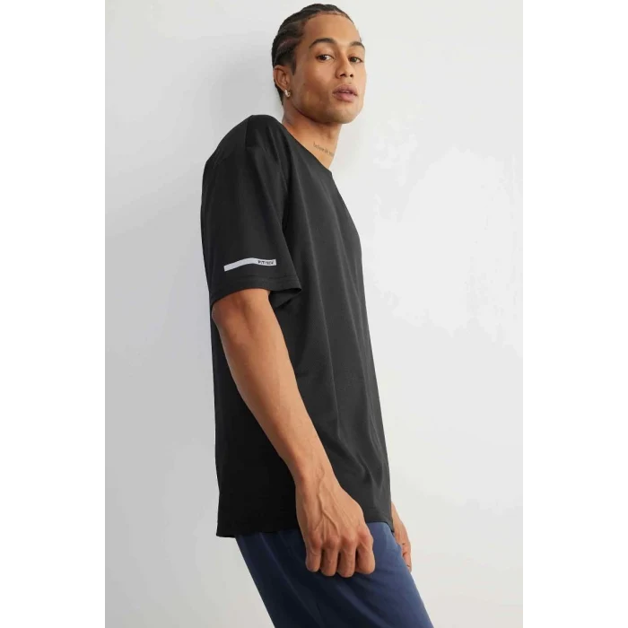 Defacto D6726 Siyah DeFactoFit Boxy Fit Bisiklet Yaka Arma Baskılı Baskılı Sporcu Kısa Kollu Tişört