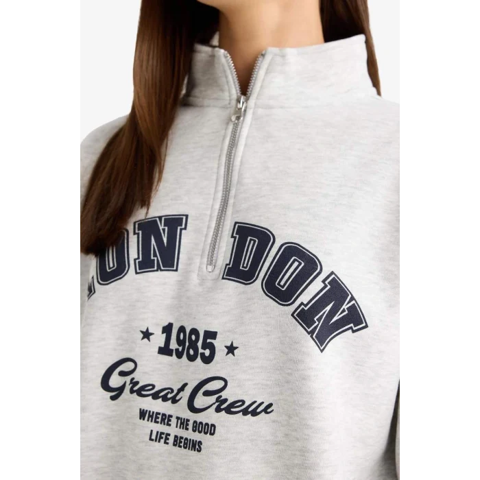 Defacto F9433AXGR210 Gri Overshirt Fit Yarım Fermuarlı Baskılı Kalın Kumaş Sweatshirt