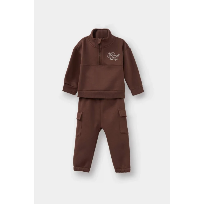 Defacto G1126A5BN334 Kahve Erkek Bebek 2li Takım Baskılı Yarım Fermuarlı Sweatshirt Eşofman Altı