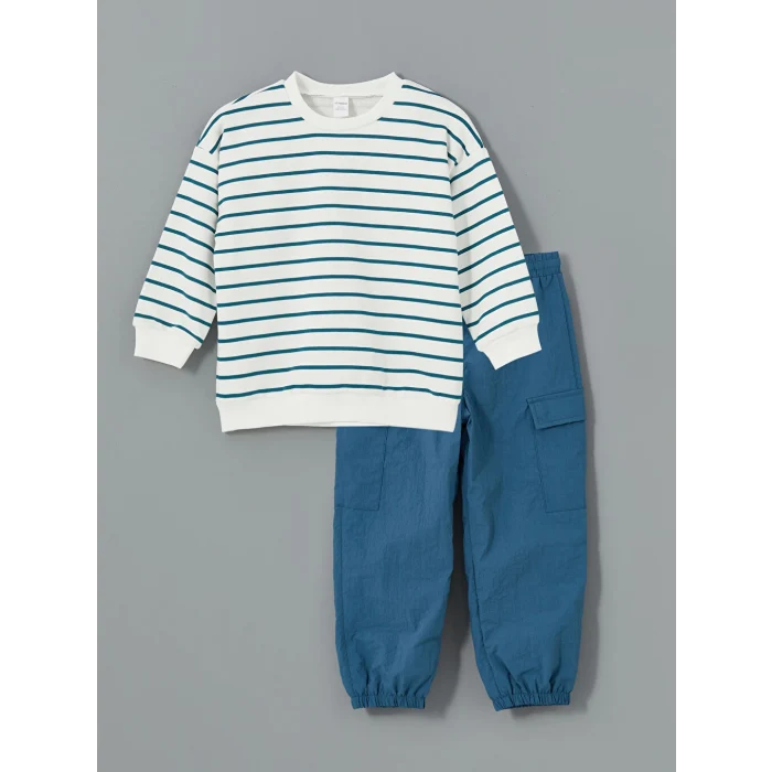 LCW Kids Petrol Bisiklet Yaka Çizgili Erkek Çocuk Sweatshirt ve Pantolon 2li