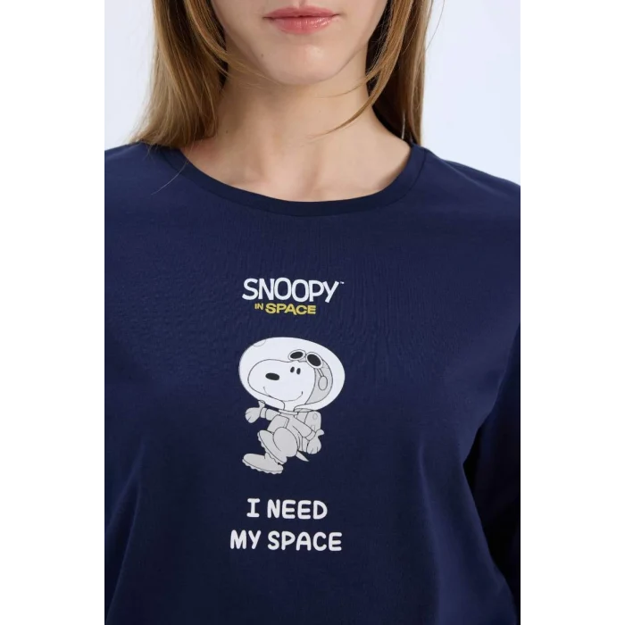 E0228 Snoopy Regular Fit Uzun Kollu Üst Beli Lastikli Uzun Alt Pijama Takımı