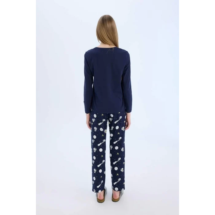 E0228 Snoopy Regular Fit Uzun Kollu Üst Beli Lastikli Uzun Alt Pijama Takımı