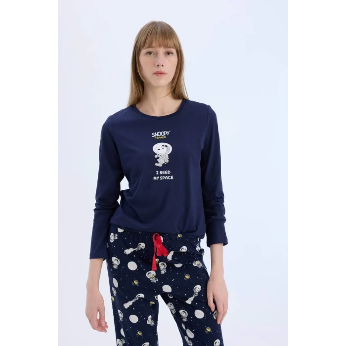 E0228 Snoopy Regular Fit Uzun Kollu Üst Beli Lastikli Uzun Alt Pijama Takımı