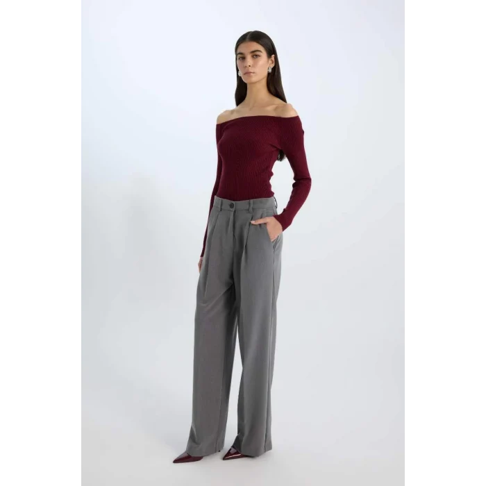 E0314 Fitted Açık Omuz Basic Düz Bordo Triko Kazak