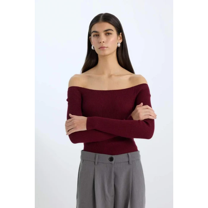 E0314 Fitted Açık Omuz Basic Düz Bordo Triko Kazak