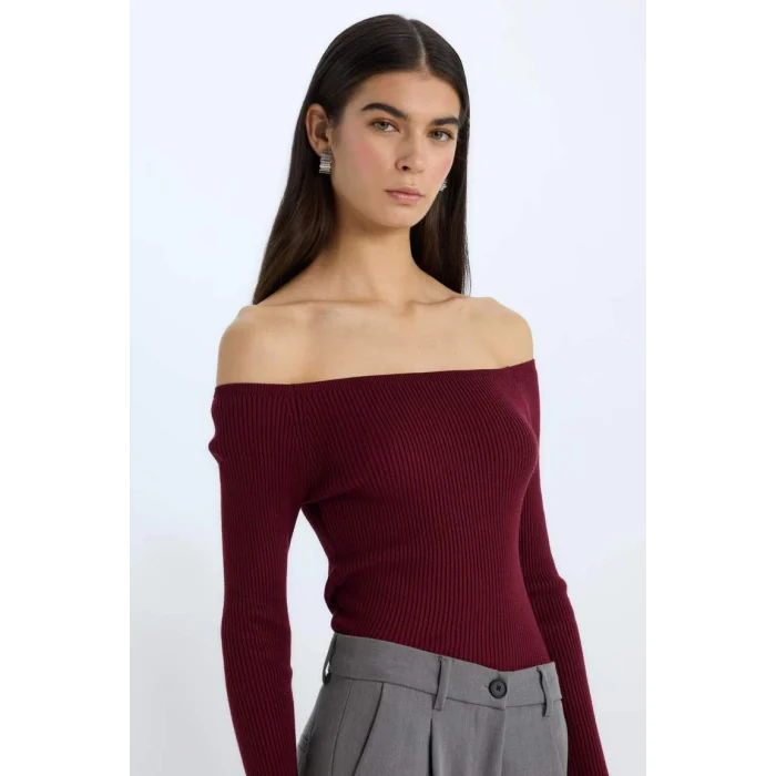 E0314 Fitted Açık Omuz Basic Düz Bordo Triko Kazak