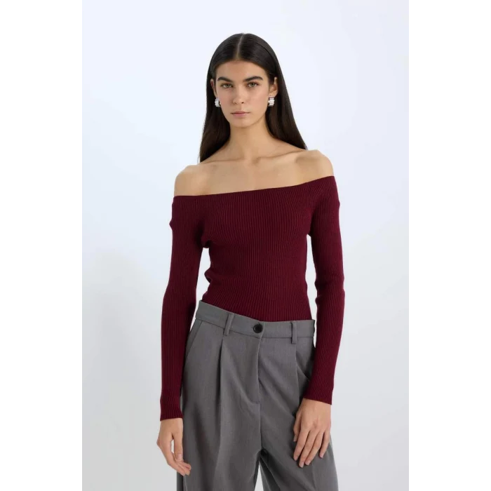 E0314 Fitted Açık Omuz Basic Düz Bordo Triko Kazak