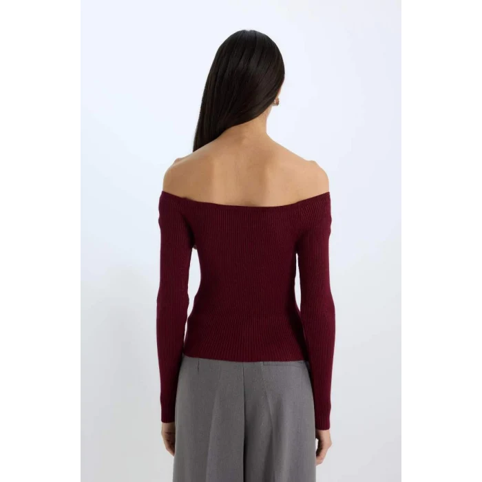 E0314 Fitted Açık Omuz Basic Düz Bordo Triko Kazak