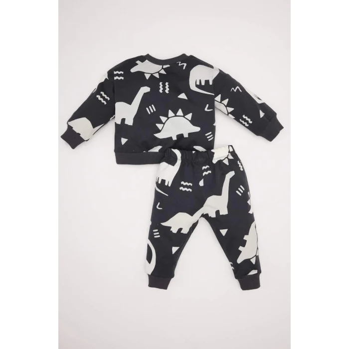 E0674 Erkek Bebek 2li Takım Dinazor Baskılı Sweatshirt Beli Lastikli Eşofman Altı