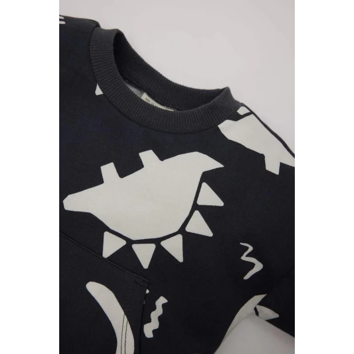 E0674 Erkek Bebek 2li Takım Dinazor Baskılı Sweatshirt Beli Lastikli Eşofman Altı