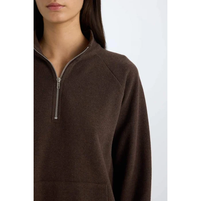 E0741 Oversize Geniş Kalıp Basic Düz Kanguru Cepli Fermuarlı Polo Yaka Sweatshirt