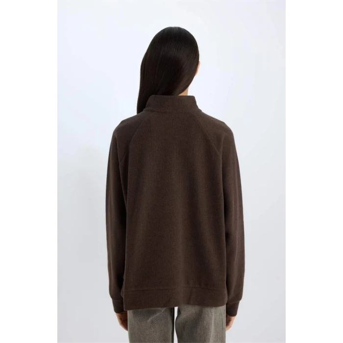 E0741 Oversize Geniş Kalıp Basic Düz Kanguru Cepli Fermuarlı Polo Yaka Sweatshirt