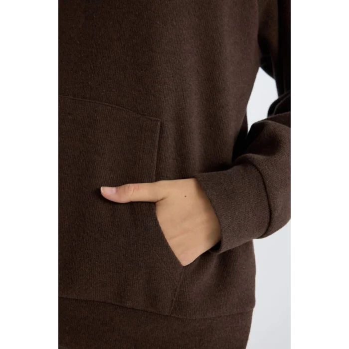E0741 Oversize Geniş Kalıp Basic Düz Kanguru Cepli Fermuarlı Polo Yaka Sweatshirt