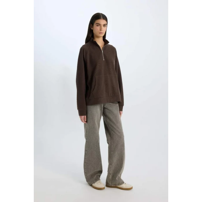 E0741 Oversize Geniş Kalıp Basic Düz Kanguru Cepli Fermuarlı Polo Yaka Sweatshirt