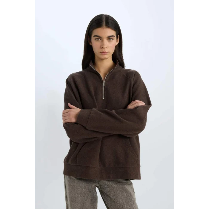 E0741 Oversize Geniş Kalıp Basic Düz Kanguru Cepli Fermuarlı Polo Yaka Sweatshirt