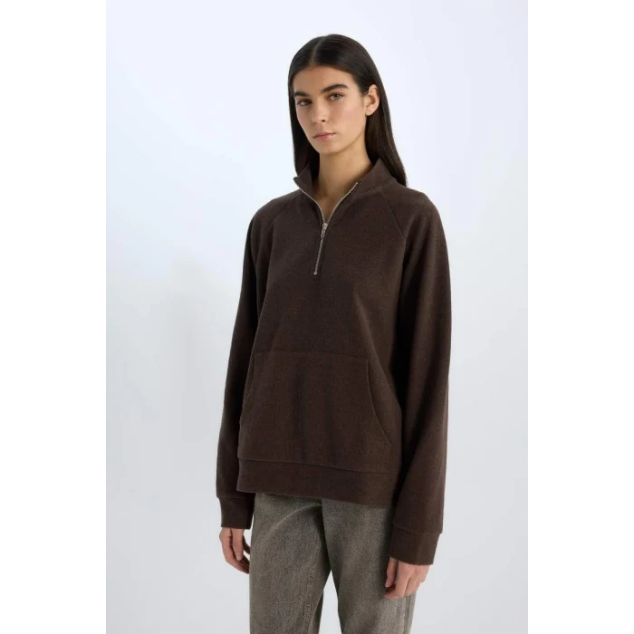 E0741 Oversize Geniş Kalıp Basic Düz Kanguru Cepli Fermuarlı Polo Yaka Sweatshirt