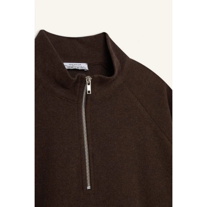 E0741 Oversize Geniş Kalıp Basic Düz Kanguru Cepli Fermuarlı Polo Yaka Sweatshirt
