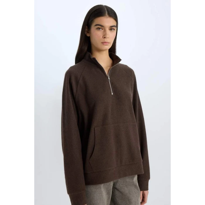 E0741 Oversize Geniş Kalıp Basic Düz Kanguru Cepli Fermuarlı Polo Yaka Sweatshirt