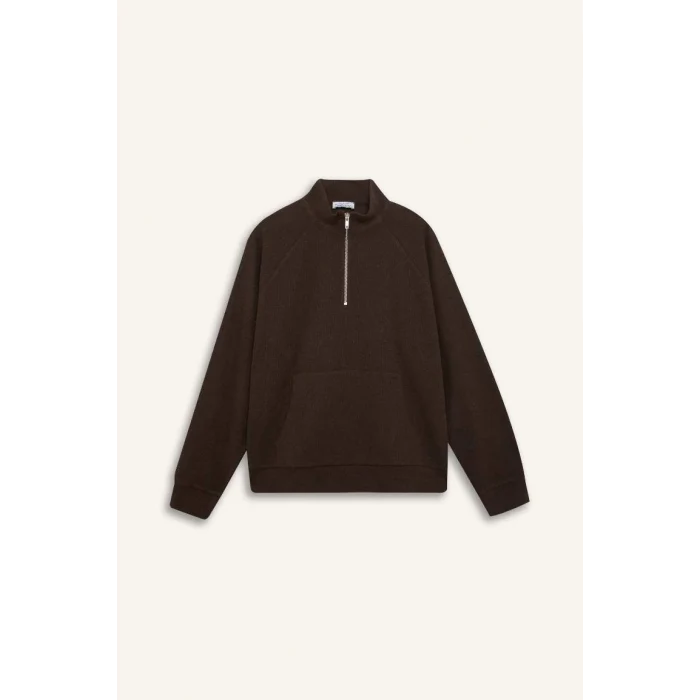E0741 Oversize Geniş Kalıp Basic Düz Kanguru Cepli Fermuarlı Polo Yaka Sweatshirt