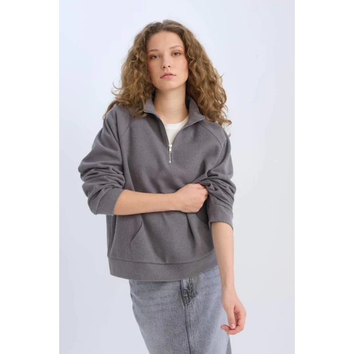 E0741 Oversize Geniş Kalıp Basic Düz Kanguru Cepli Fermuarlı Polo Yaka Sweatshirt