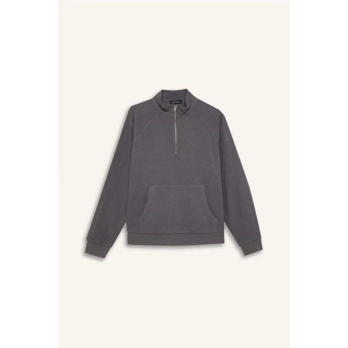 E0741 Oversize Geniş Kalıp Basic Düz Kanguru Cepli Fermuarlı Polo Yaka Sweatshirt