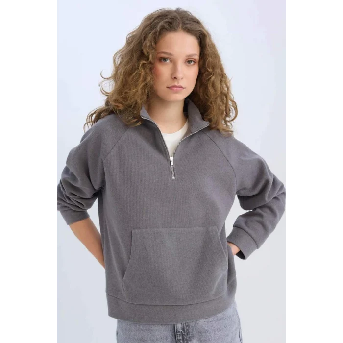 E0741 Oversize Geniş Kalıp Basic Düz Kanguru Cepli Fermuarlı Polo Yaka Sweatshirt