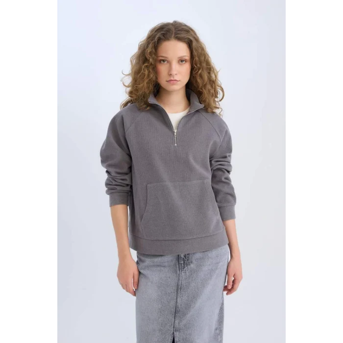 E0741 Oversize Geniş Kalıp Basic Düz Kanguru Cepli Fermuarlı Polo Yaka Sweatshirt