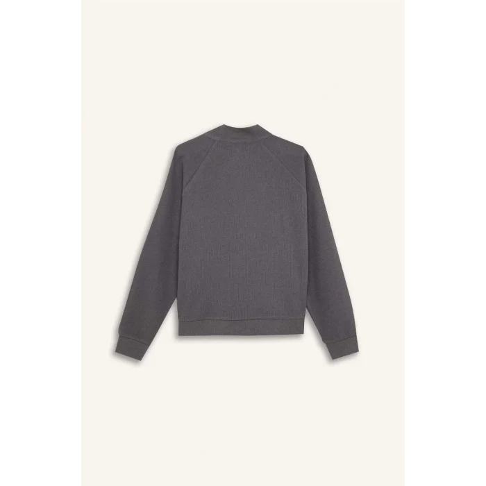 E0741 Oversize Geniş Kalıp Basic Düz Kanguru Cepli Fermuarlı Polo Yaka Sweatshirt