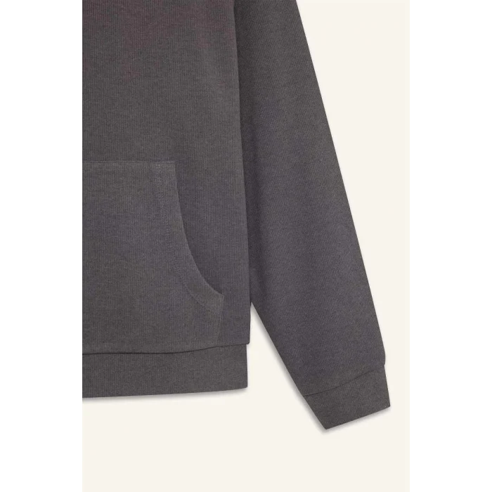 E0741 Oversize Geniş Kalıp Basic Düz Kanguru Cepli Fermuarlı Polo Yaka Sweatshirt