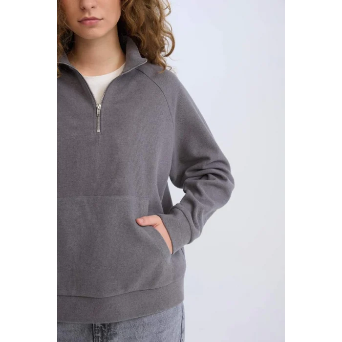 E0741 Oversize Geniş Kalıp Basic Düz Kanguru Cepli Fermuarlı Polo Yaka Sweatshirt
